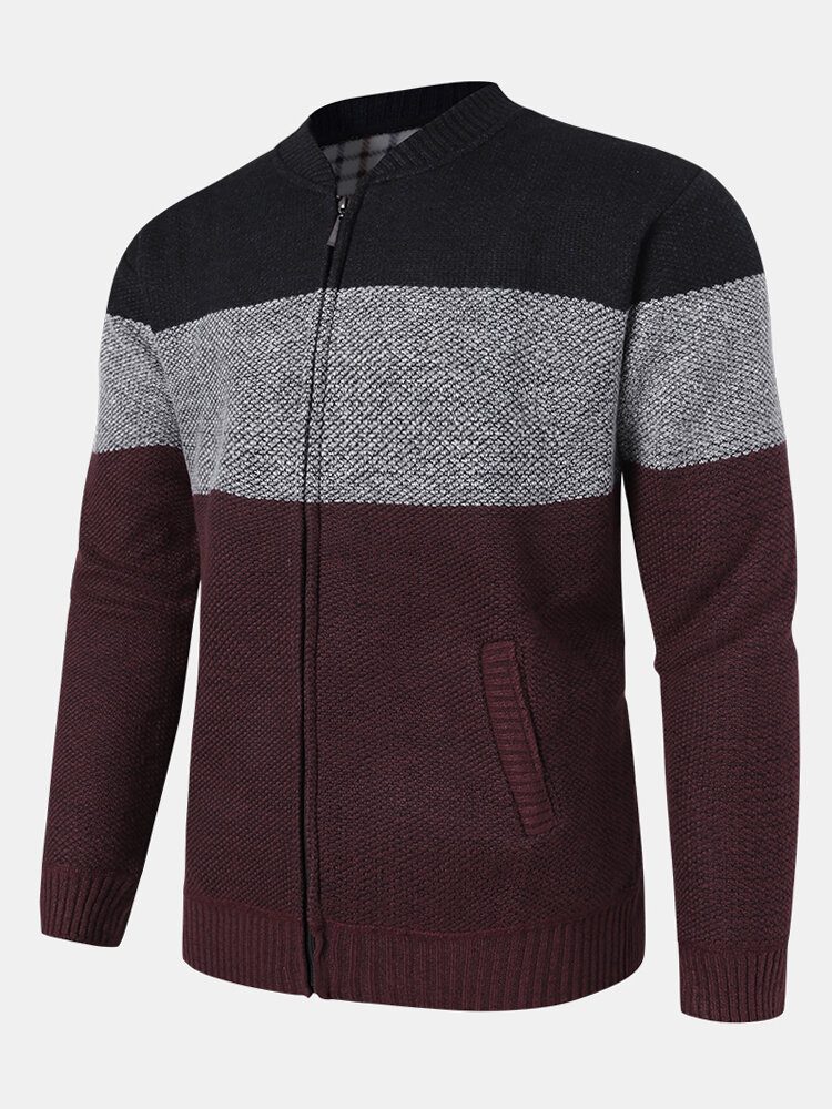 Herre Colorblock Strikket Glidelås Baseball Krage Genser Cardigans