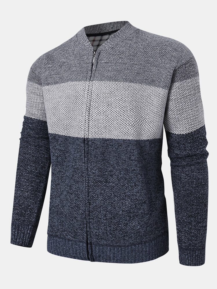 Herre Colorblock Strikket Glidelås Baseball Krage Genser Cardigans