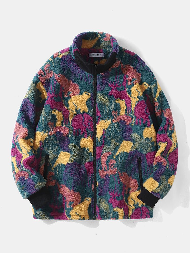 Menn Polar Fleece Tie Dye Stativ Kragelommer Glidelås Cardigans Jakkefrakk