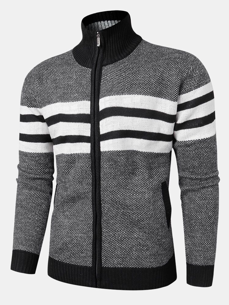 Strikket Stripe Strikkede Strikkede Strikkede Strikkede Strikkede Strikkejakker For Menn Foran Stativkrage Uformelle Varme Cardigans