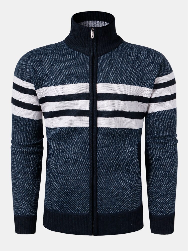 Strikket Stripe Strikkede Strikkede Strikkede Strikkede Strikkede Strikkejakker For Menn Foran Stativkrage Uformelle Varme Cardigans