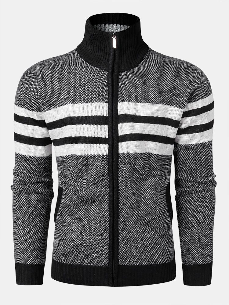 Strikket Stripe Strikkede Strikkede Strikkede Strikkede Strikkede Strikkejakker For Menn Foran Stativkrage Uformelle Varme Cardigans