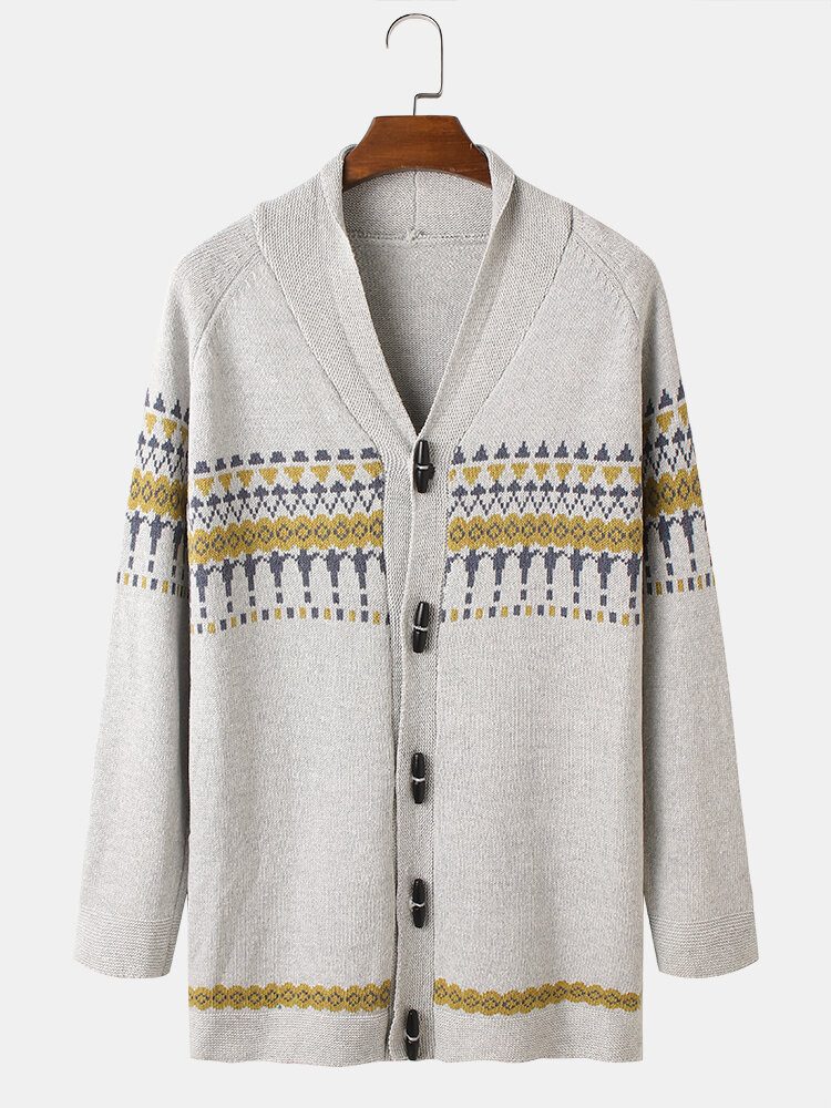 Vintage Mønster Strikket Knapp Foran For Menn Casual Cardigans Med Raglanarm