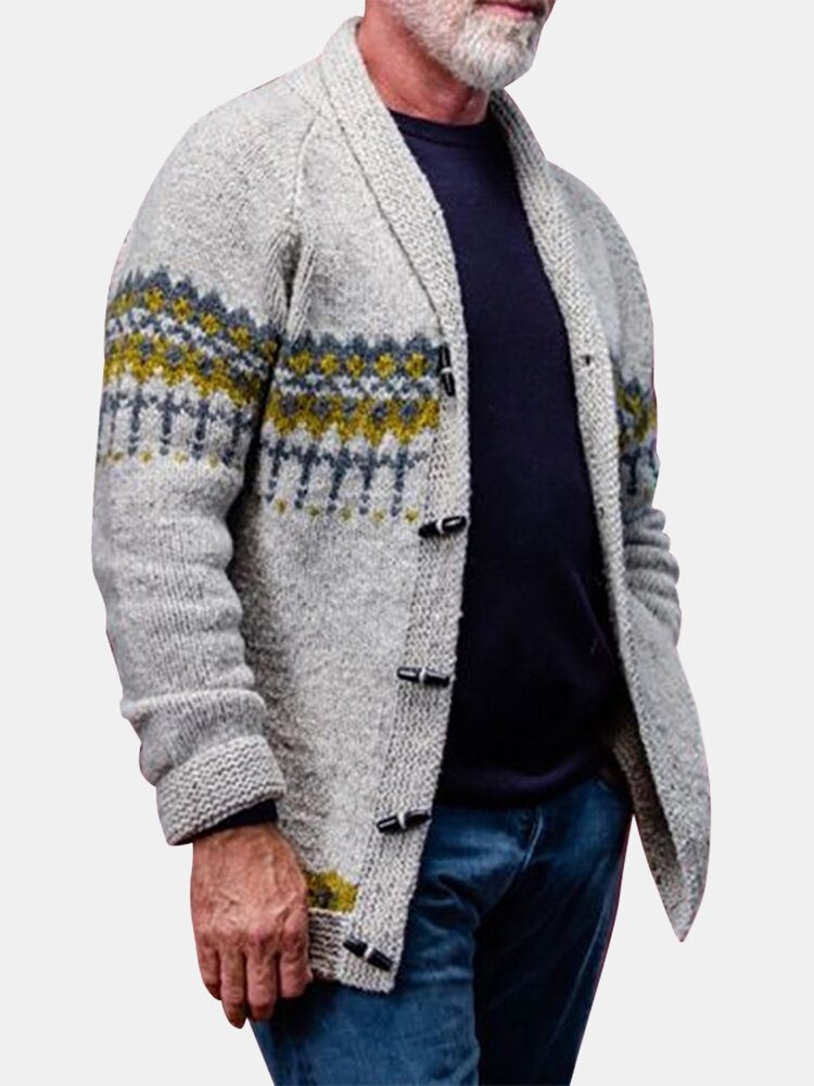 Vintage Mønster Strikket Knapp Foran For Menn Casual Cardigans Med Raglanarm