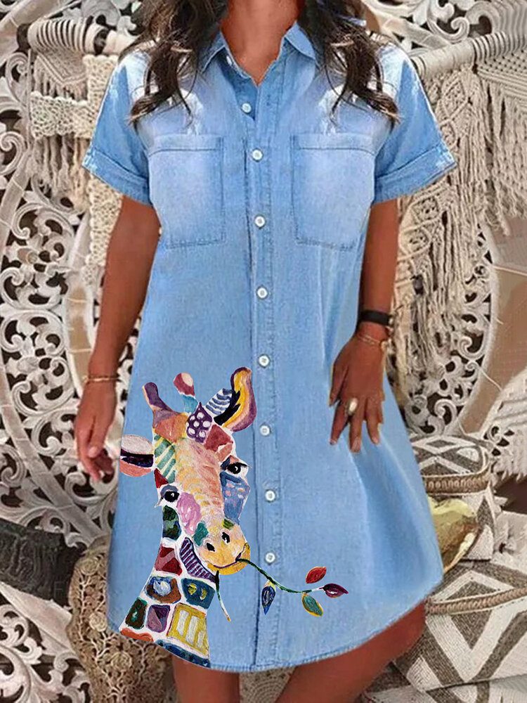 Dame Giraffe Print Dobbel Pocket Casual Denim Kjoler