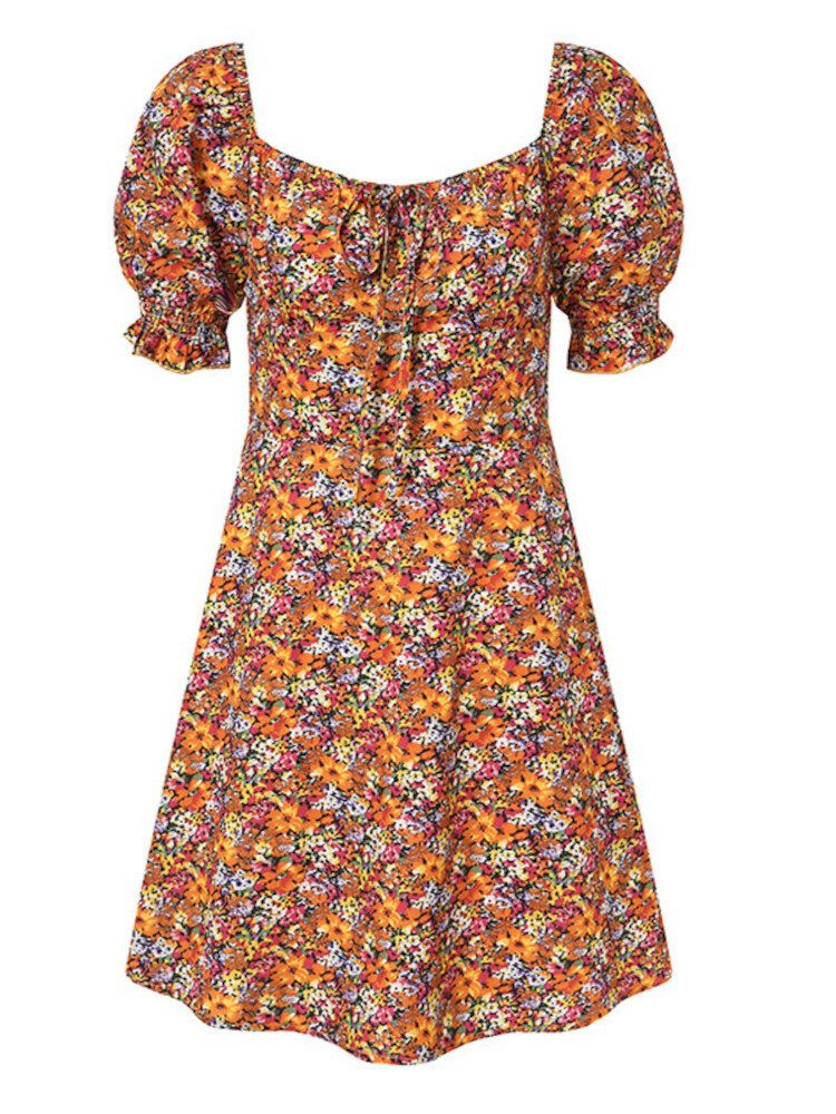 Dame Maid Square Neck Puff Sleeve Floral Plissert Mini Kjole