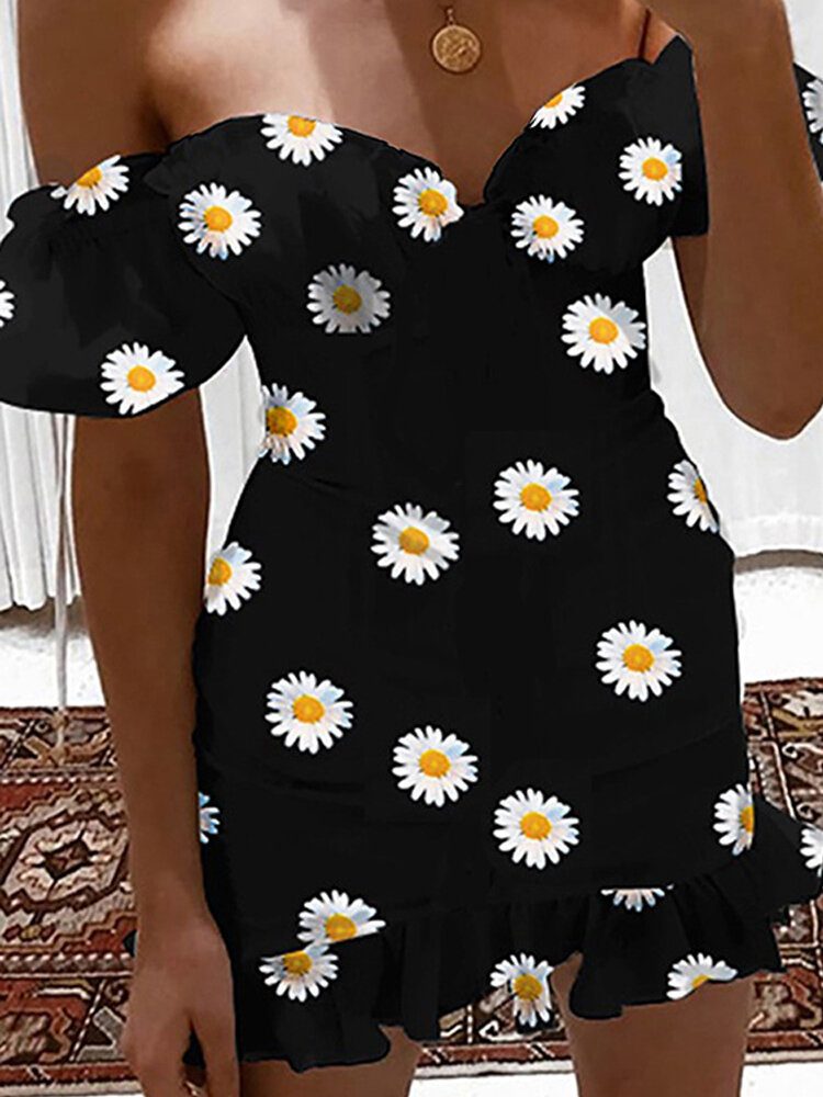 Elegant Daisy Print Off Shoulder Kortermet Casual Minikjole