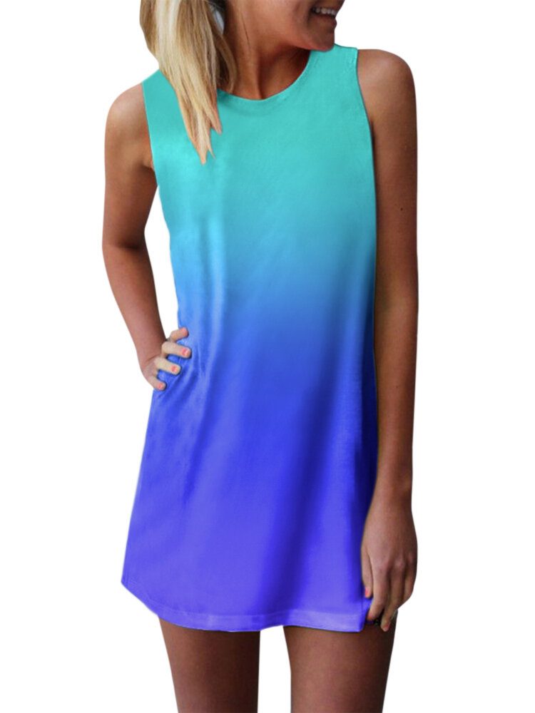 Gradient Color Ermeløs O-hals Sommer Casual Dress For Women