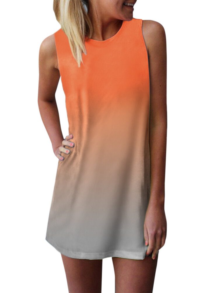 Gradient Color Ermeløs O-hals Sommer Casual Dress For Women