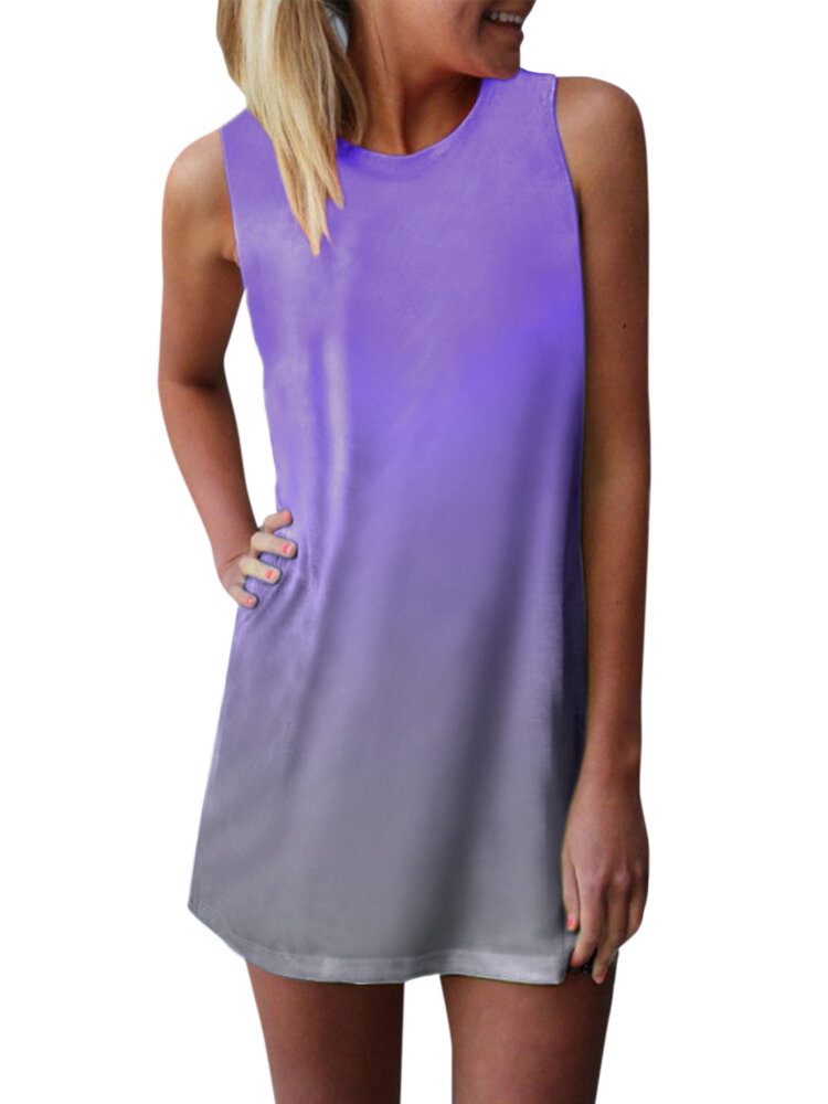 Gradient Color Ermeløs O-hals Sommer Casual Dress For Women