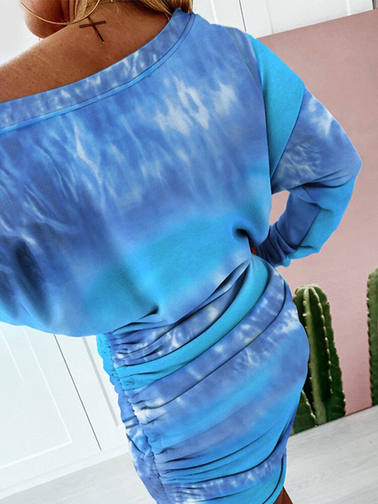 Kvinner Tie-dye Print Off Shoulder Snøring Hem Langermet Kjole