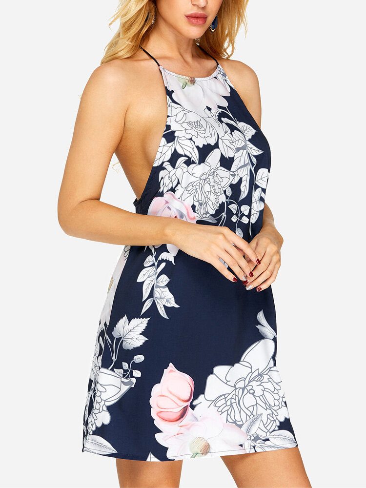 Off Shoulder Floral Print Halter Backless Mini Dress