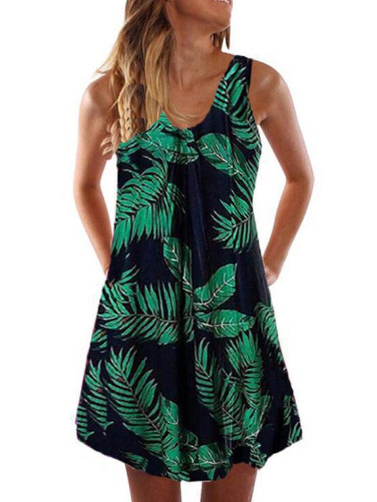 Solid Uformell Ermeløs V-hals Knotted Tropical Plants Hawaii Style Holiday Mini Short Dress