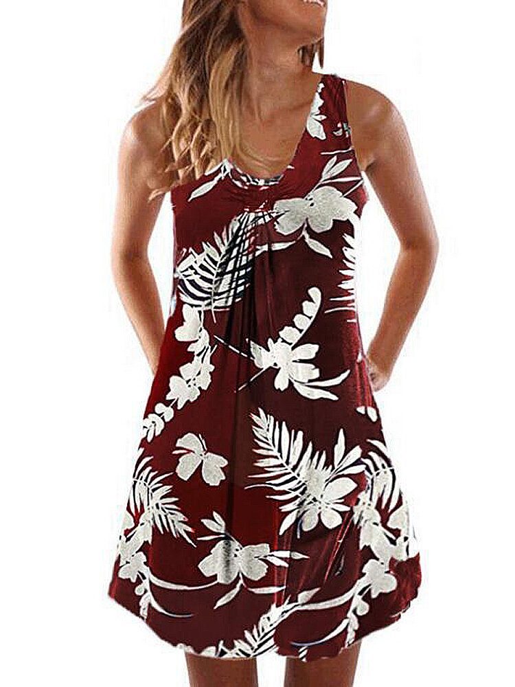 Solid Uformell Ermeløs V-hals Knotted Tropical Plants Hawaii Style Holiday Mini Short Dress