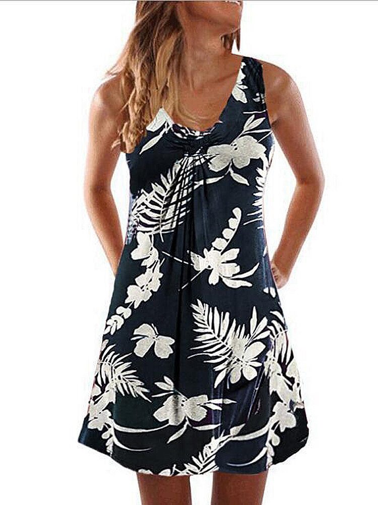 Solid Uformell Ermeløs V-hals Knotted Tropical Plants Hawaii Style Holiday Mini Short Dress