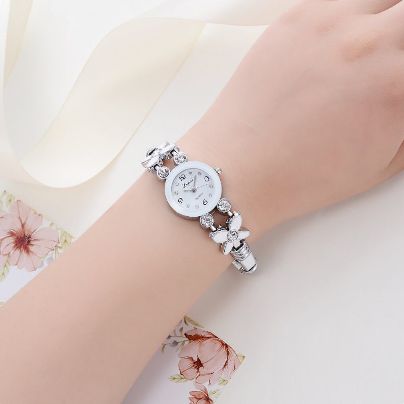 Blomsterkjole Damearmbåndsklokke Crystal Diamond Small Dial Quartz Watch