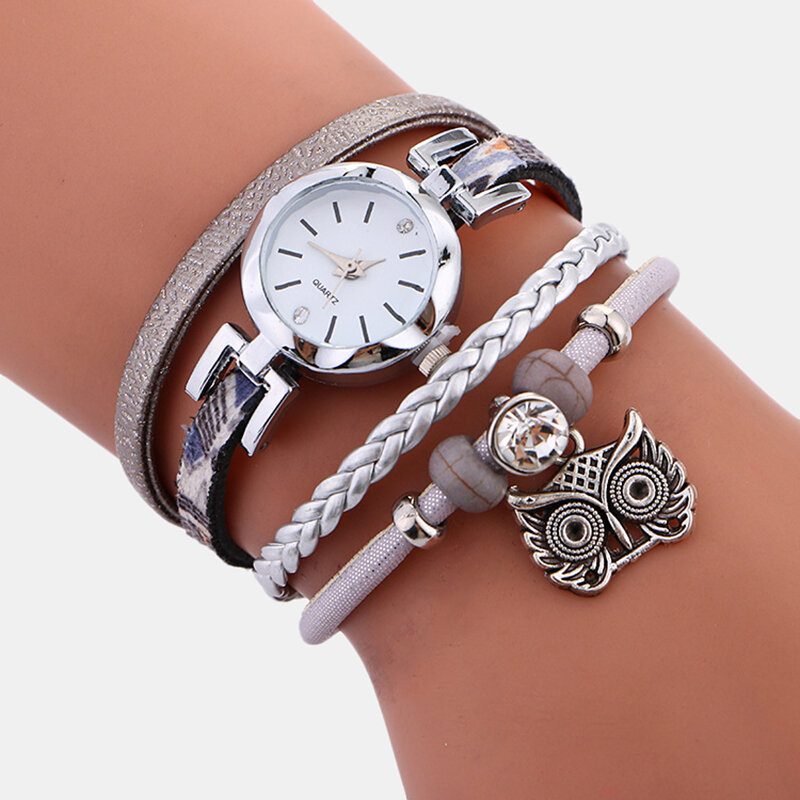 Bohemian Cute Owl Leather Armbåndsklokke Etnisk Metall Rhinestone Flerlags Armbåndsur