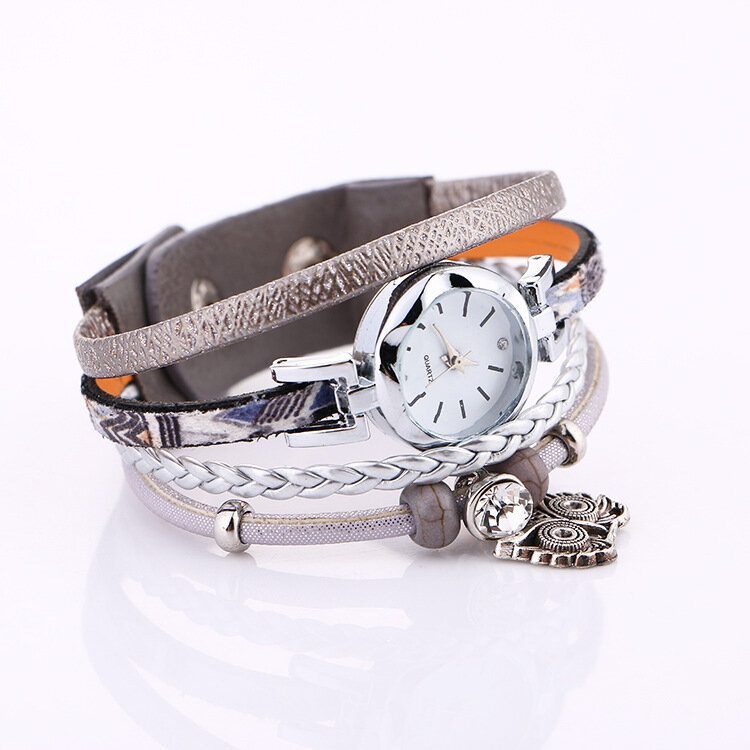 Bohemian Cute Owl Leather Armbåndsklokke Etnisk Metall Rhinestone Flerlags Armbåndsur