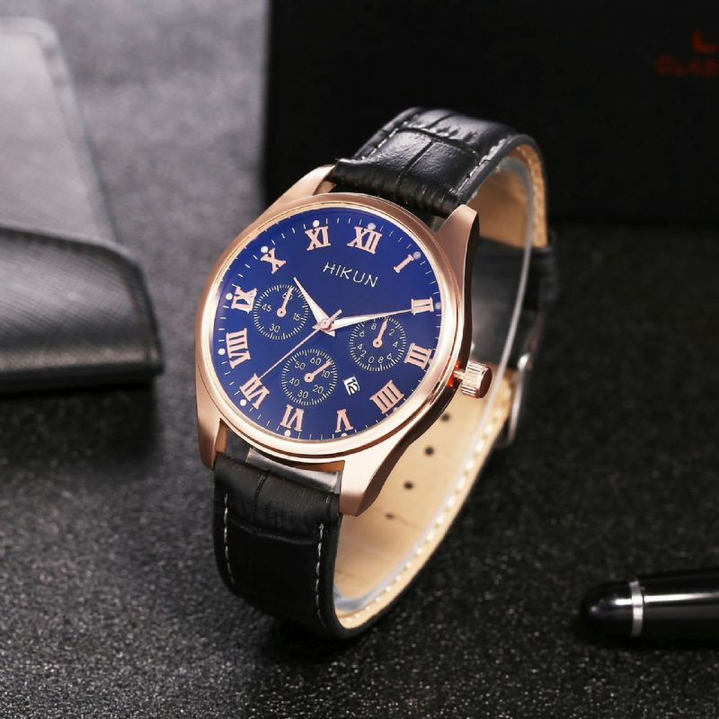 Business Casual Big Simple Dial Pu Lærreim Herre Quartz Watch