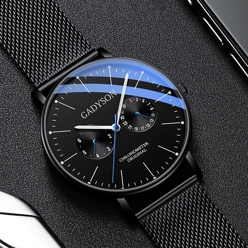 Business Herreklokke Thin Dial Steel Mesh Band Lysende Vanntett Pointers Quartz Watch