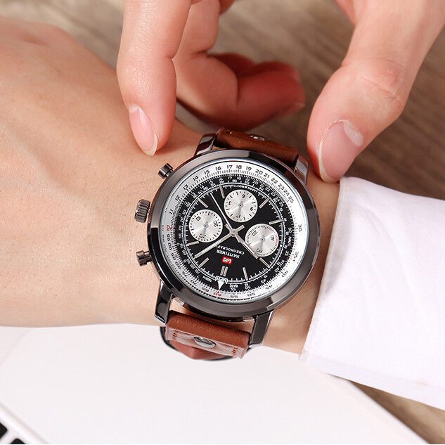 Business Large Dial Ekte Skinnrem Chronograph Waterproof Herre Quartz Watch