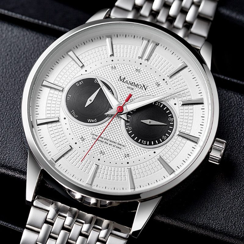 Business Large Dial Luminous Pointer Week Calendar Display Steel Band 3atm Vanntett Herre Quartz Watch