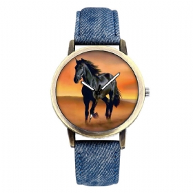 Casual Black Horse Desert Dial All-match Denim Strap Herre Quartz Watch Armbåndsur