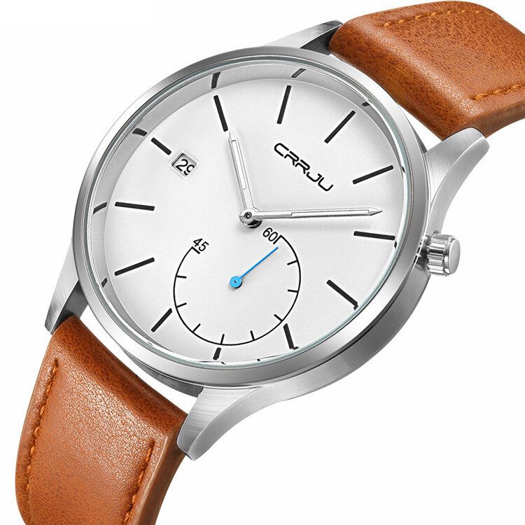 Casual Calendar Lærrem Working-dials Herre Armbåndsur Quartz Watch