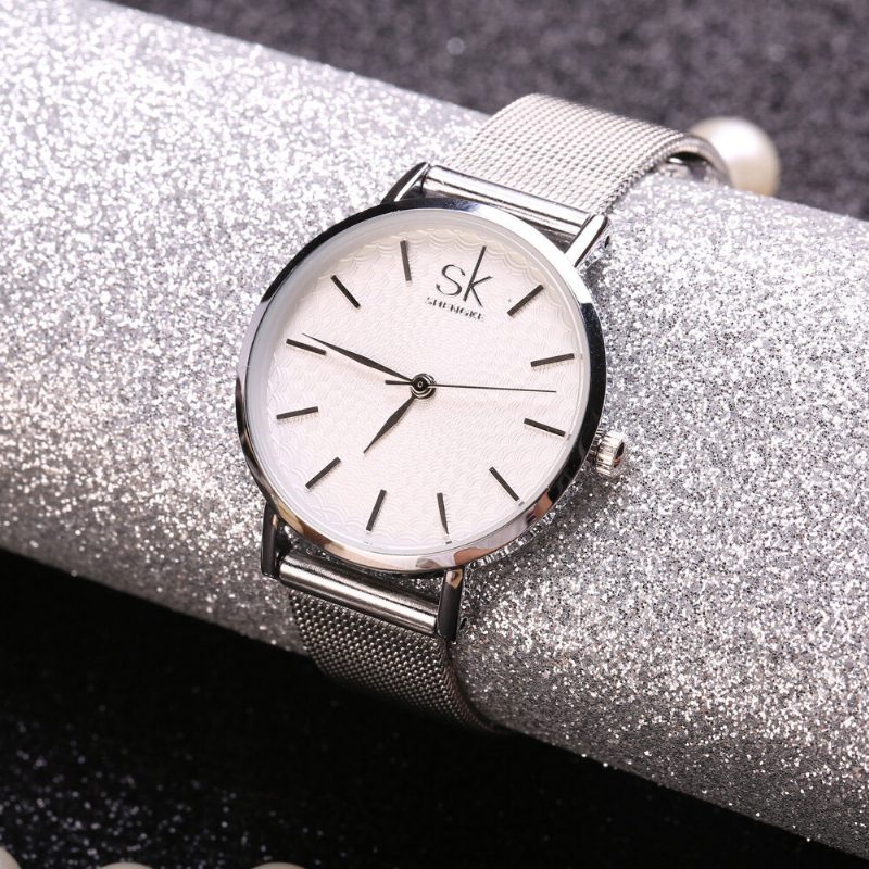 Casual Style Ultra Tynn Damearmbåndsur Mesh Steel Band Quartz Watch