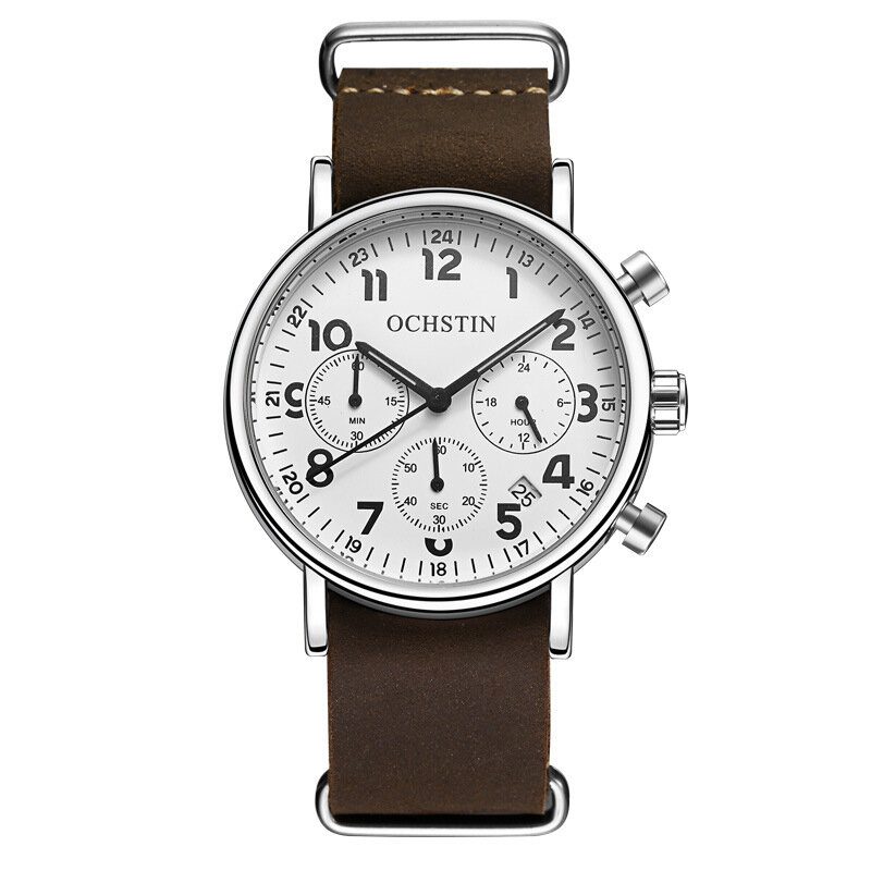 Chronograph Casual Style Herrearmbåndsklokke Ekte Skinnbånd Kvartsklokke