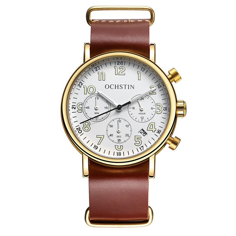 Chronograph Casual Style Herrearmbåndsklokke Ekte Skinnbånd Kvartsklokke