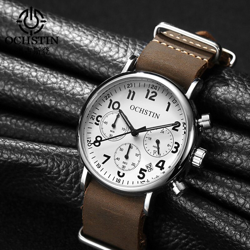 Chronograph Casual Style Herrearmbåndsklokke Ekte Skinnbånd Kvartsklokke