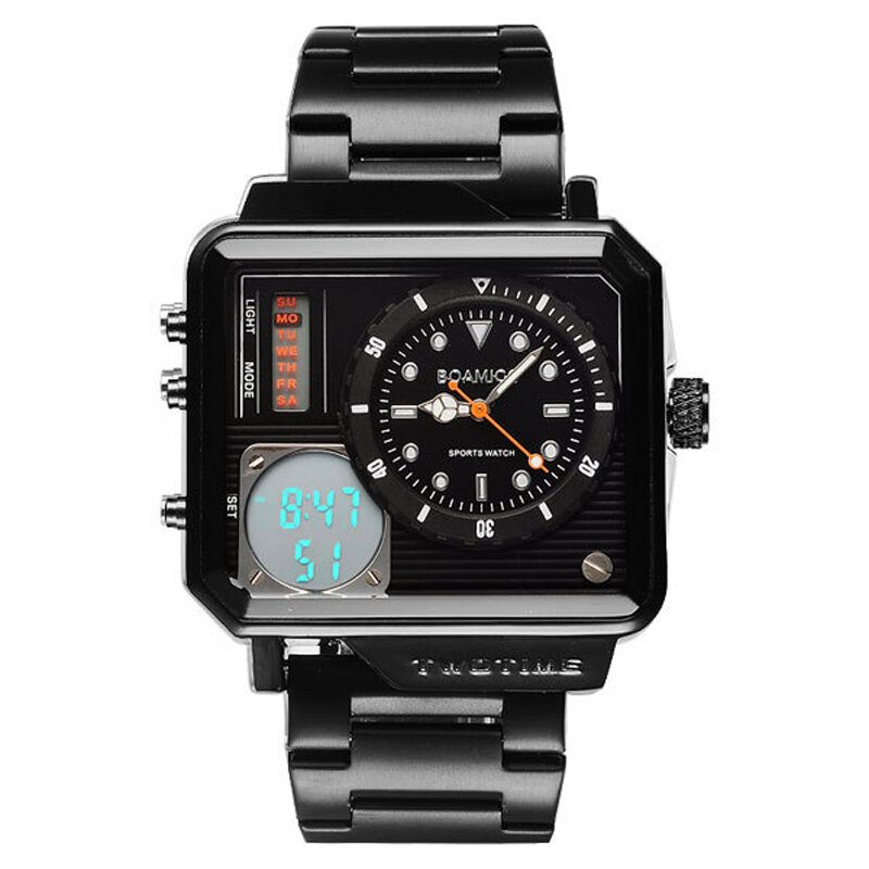 Creative Herre Digital Watch Large Dial Dual Time Zone Led Light Date Week Display Rustfritt Stål Rem Dual Display Watch