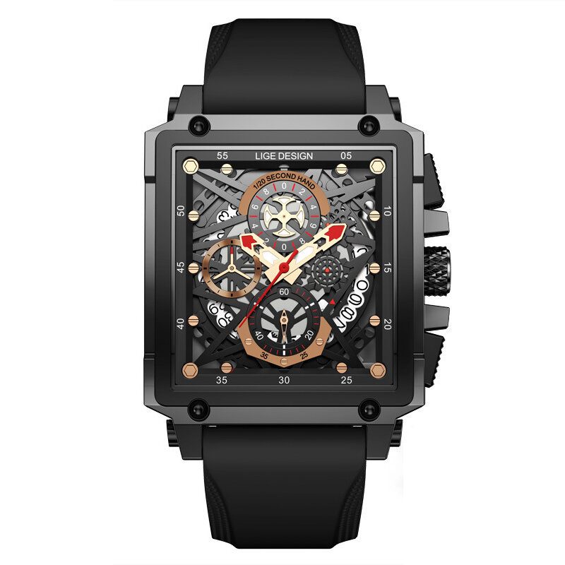 Creative Mechanical Hollow-out Surface Chronograph Calendar Silikonstropp 3atm Vanntett Herre Quartz Watch Armbåndsur