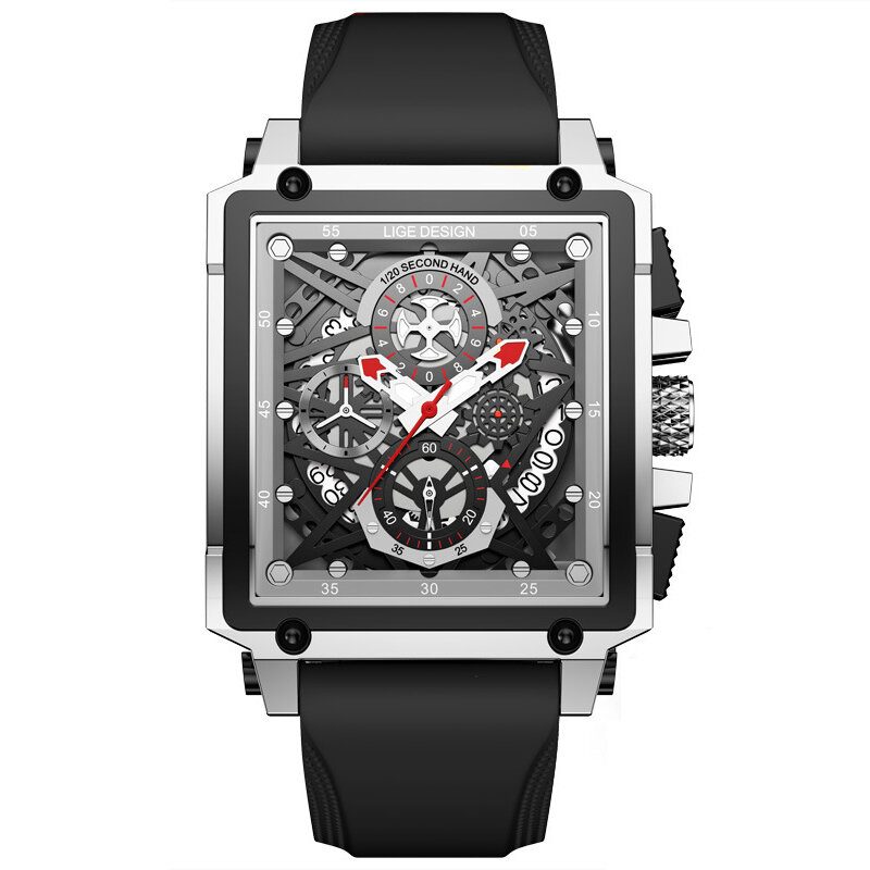 Creative Mechanical Hollow-out Surface Chronograph Calendar Silikonstropp 3atm Vanntett Herre Quartz Watch Armbåndsur