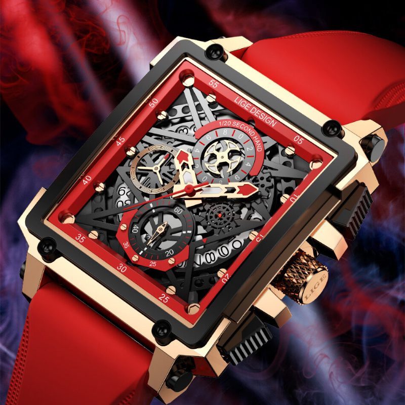 Creative Mechanical Hollow-out Surface Chronograph Calendar Silikonstropp 3atm Vanntett Herre Quartz Watch Armbåndsur