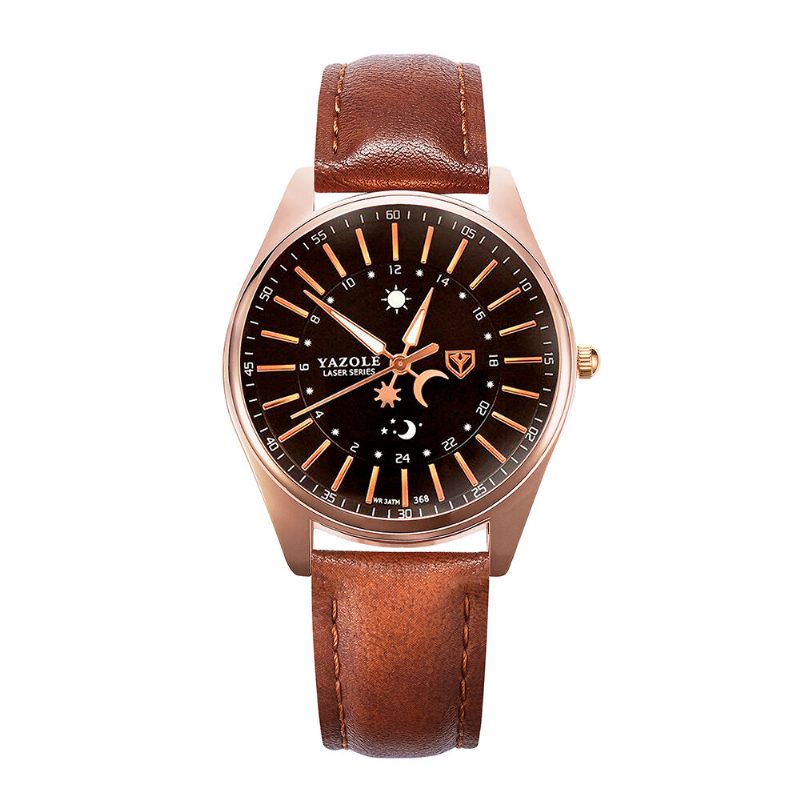 Creative Sun Moon Pattern Leather Strap Herre Quartz Watch