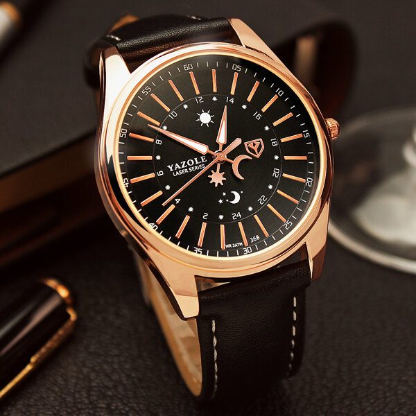 Creative Sun Moon Pattern Leather Strap Herre Quartz Watch