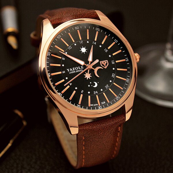 Creative Sun Moon Pattern Leather Strap Herre Quartz Watch