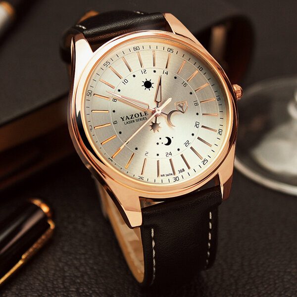 Creative Sun Moon Pattern Leather Strap Herre Quartz Watch