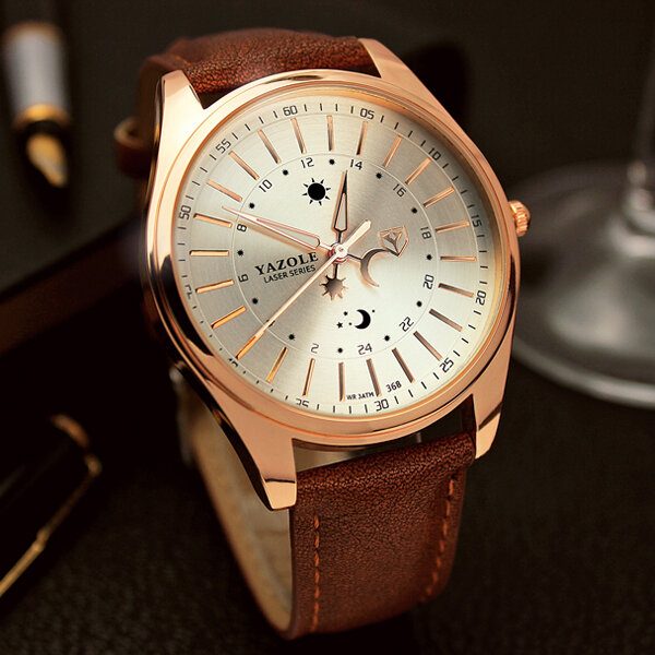 Creative Sun Moon Pattern Leather Strap Herre Quartz Watch