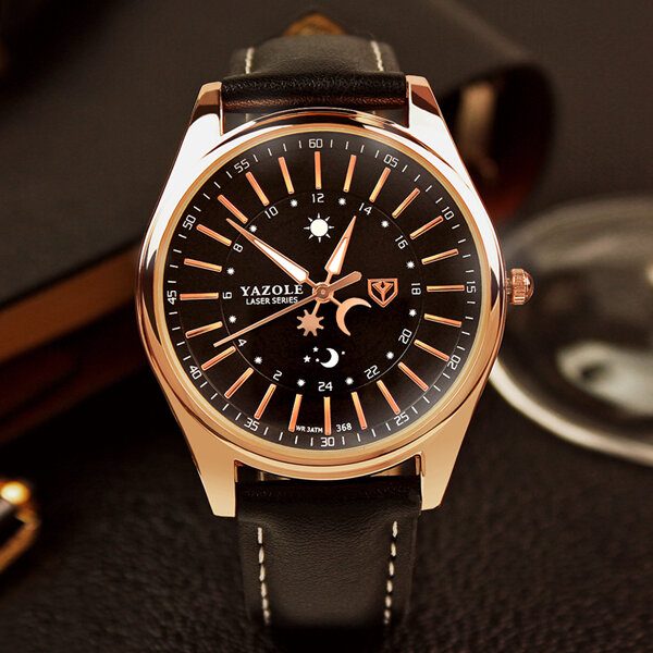 Creative Sun Moon Pattern Leather Strap Herre Quartz Watch