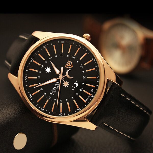 Creative Sun Moon Pattern Leather Strap Herre Quartz Watch