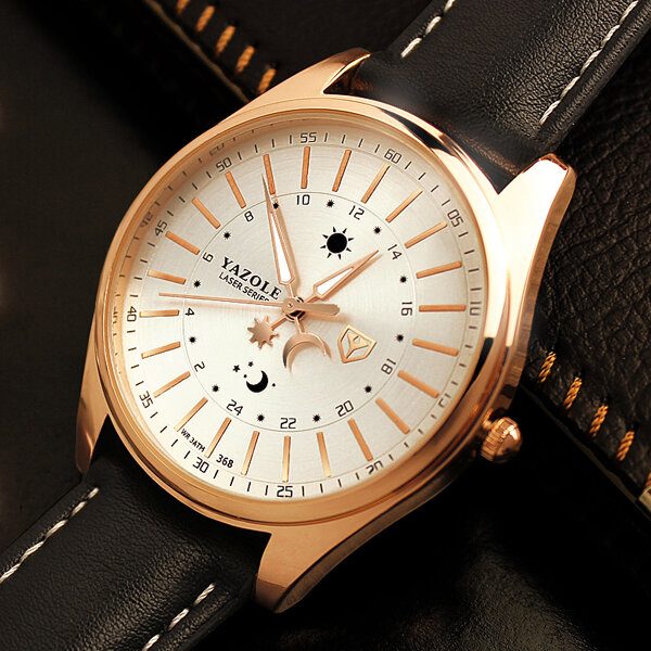 Creative Sun Moon Pattern Leather Strap Herre Quartz Watch