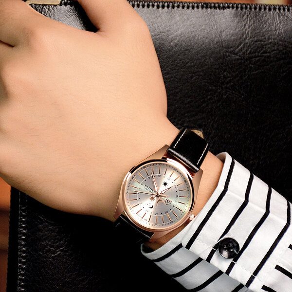 Creative Sun Moon Pattern Leather Strap Herre Quartz Watch