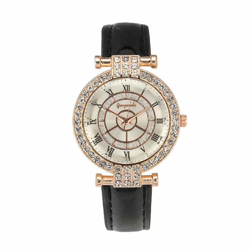 Deffrun Leather Band Dame Armbåndsur Casual Style Crystal Quartz Watch