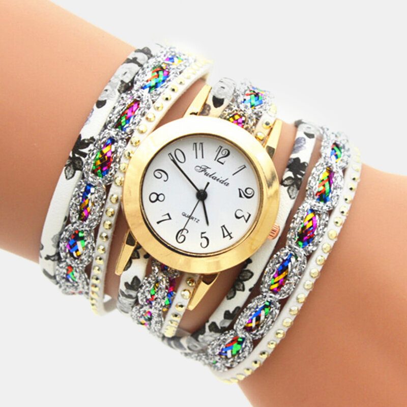 Deffrun Vintage Fargerikt Utskrift Dame Armbånd Klokke Flerlags Metall Rhinestone Pu Quartz Watch