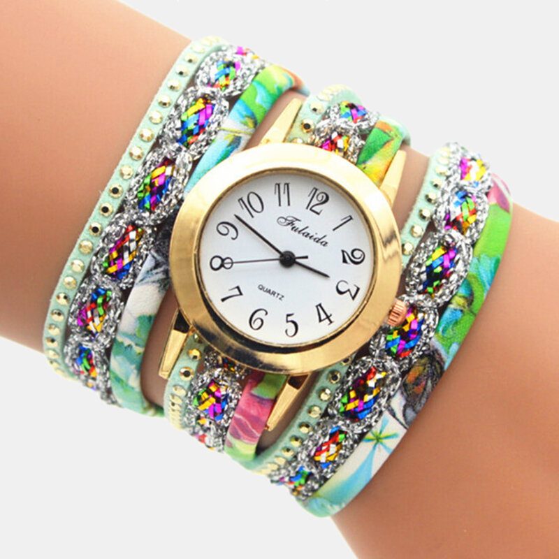 Deffrun Vintage Fargerikt Utskrift Dame Armbånd Klokke Flerlags Metall Rhinestone Pu Quartz Watch