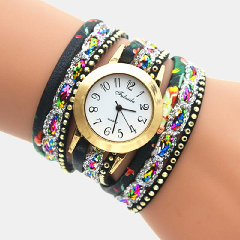 Deffrun Vintage Fargerikt Utskrift Dame Armbånd Klokke Flerlags Metall Rhinestone Pu Quartz Watch