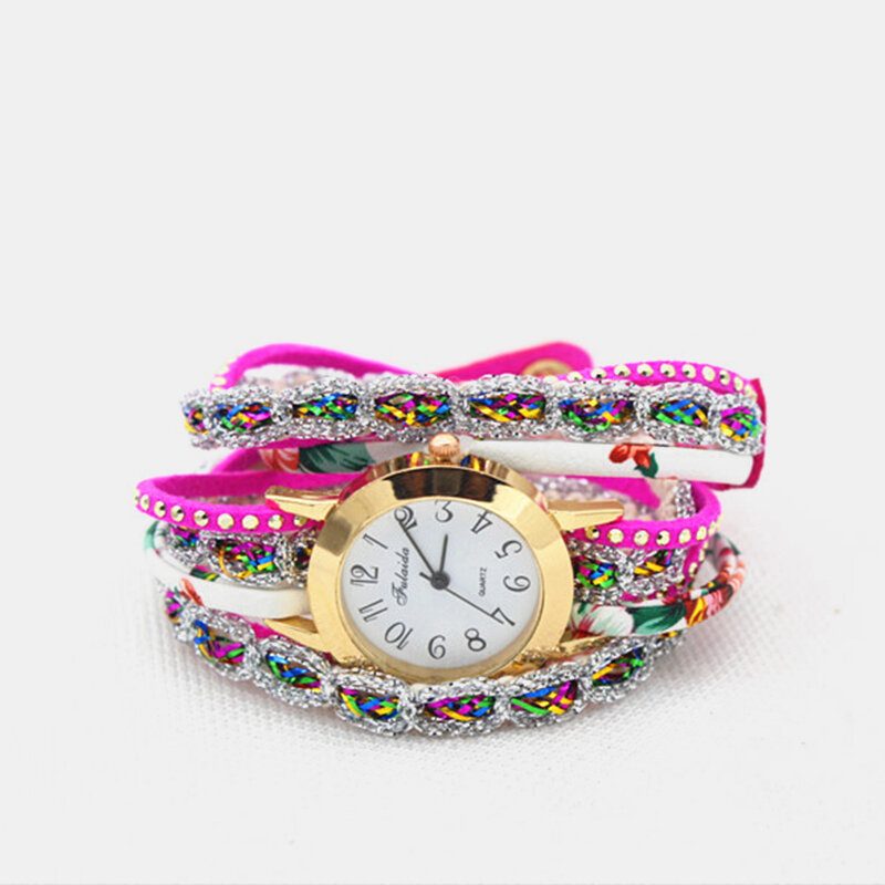 Deffrun Vintage Fargerikt Utskrift Dame Armbånd Klokke Flerlags Metall Rhinestone Pu Quartz Watch